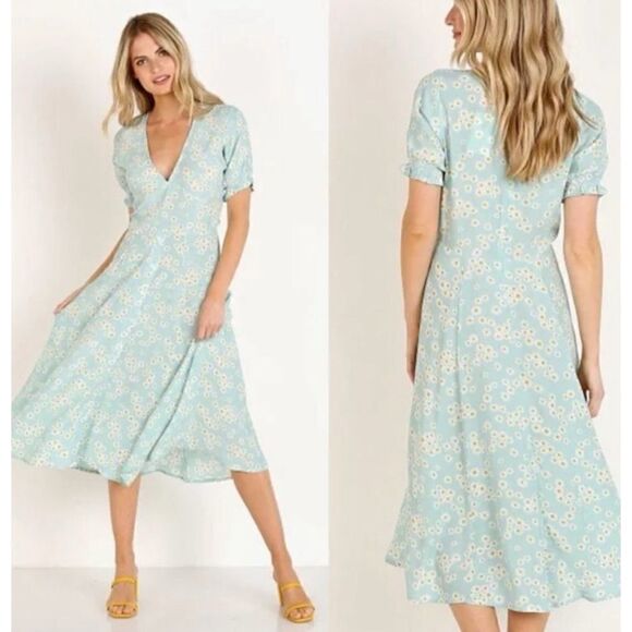 Faithfull The Brand Mejia Zhoe Floral Daisy Midi Crepe Dress Blue US 8 - Picture 7 of 12